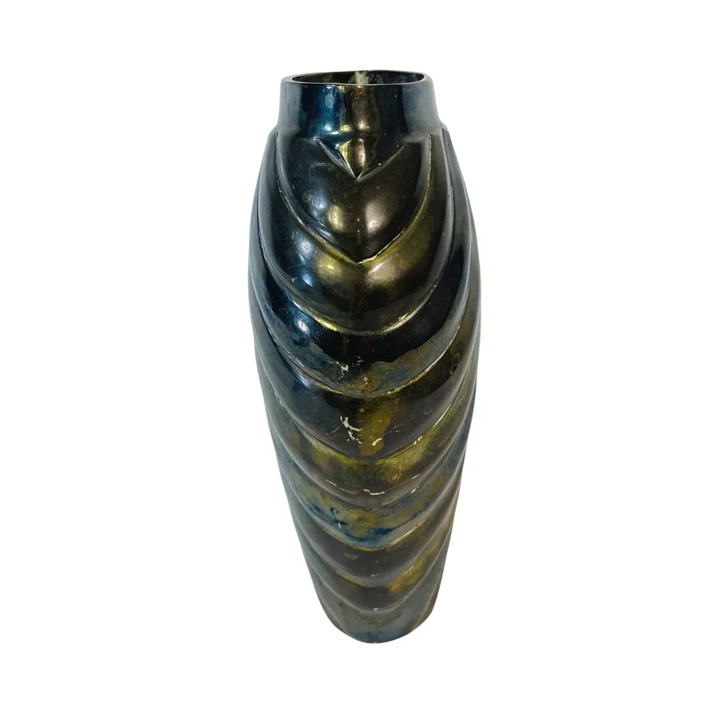 Vtg Wildwood Imports Brass Spiral Ribbed Vase Iridescent Patina Mid Century Boho